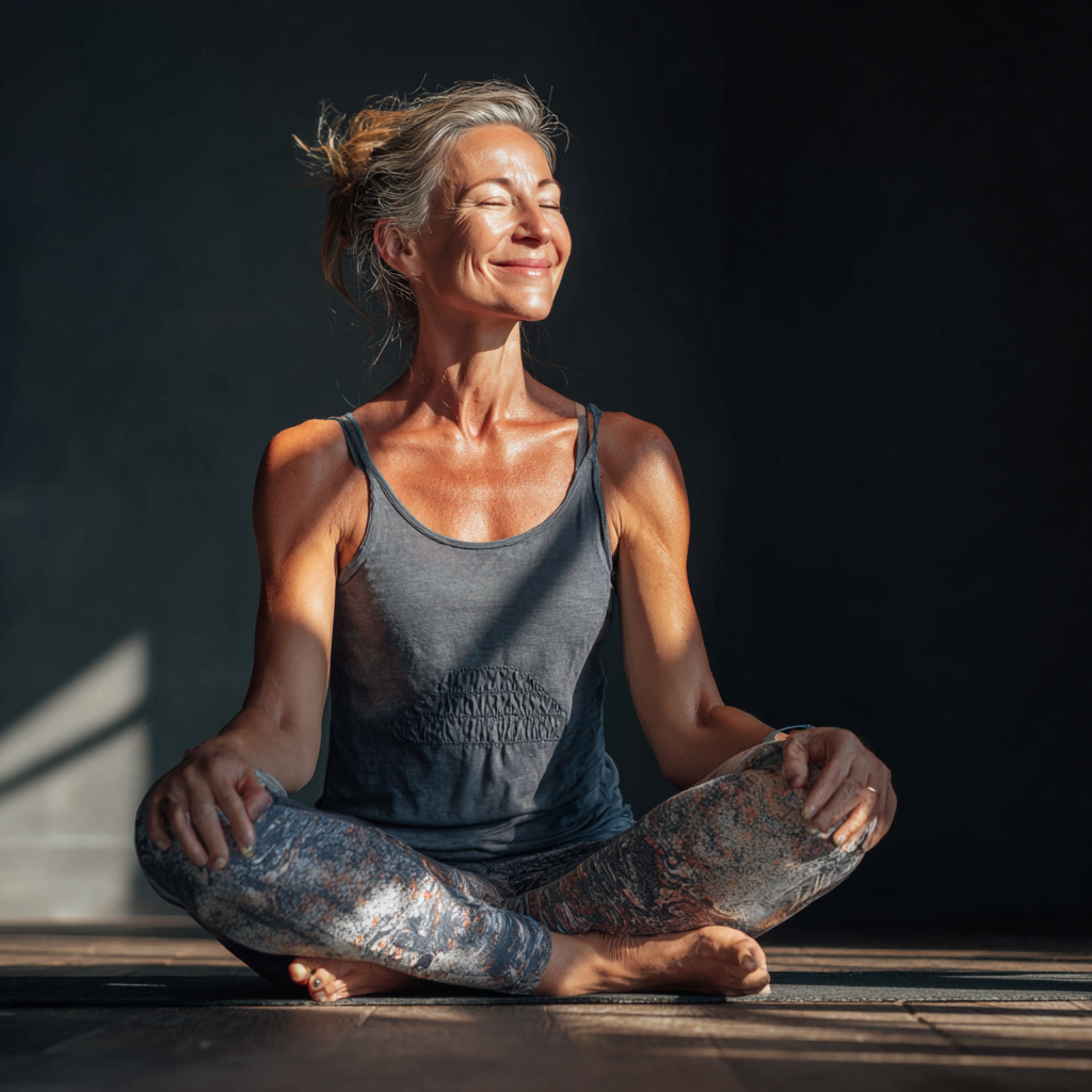 Ukrainian adults demonstrating proper yoga alignment and posture during a warrior pose, showing correct biomechanics and smiling with concentration